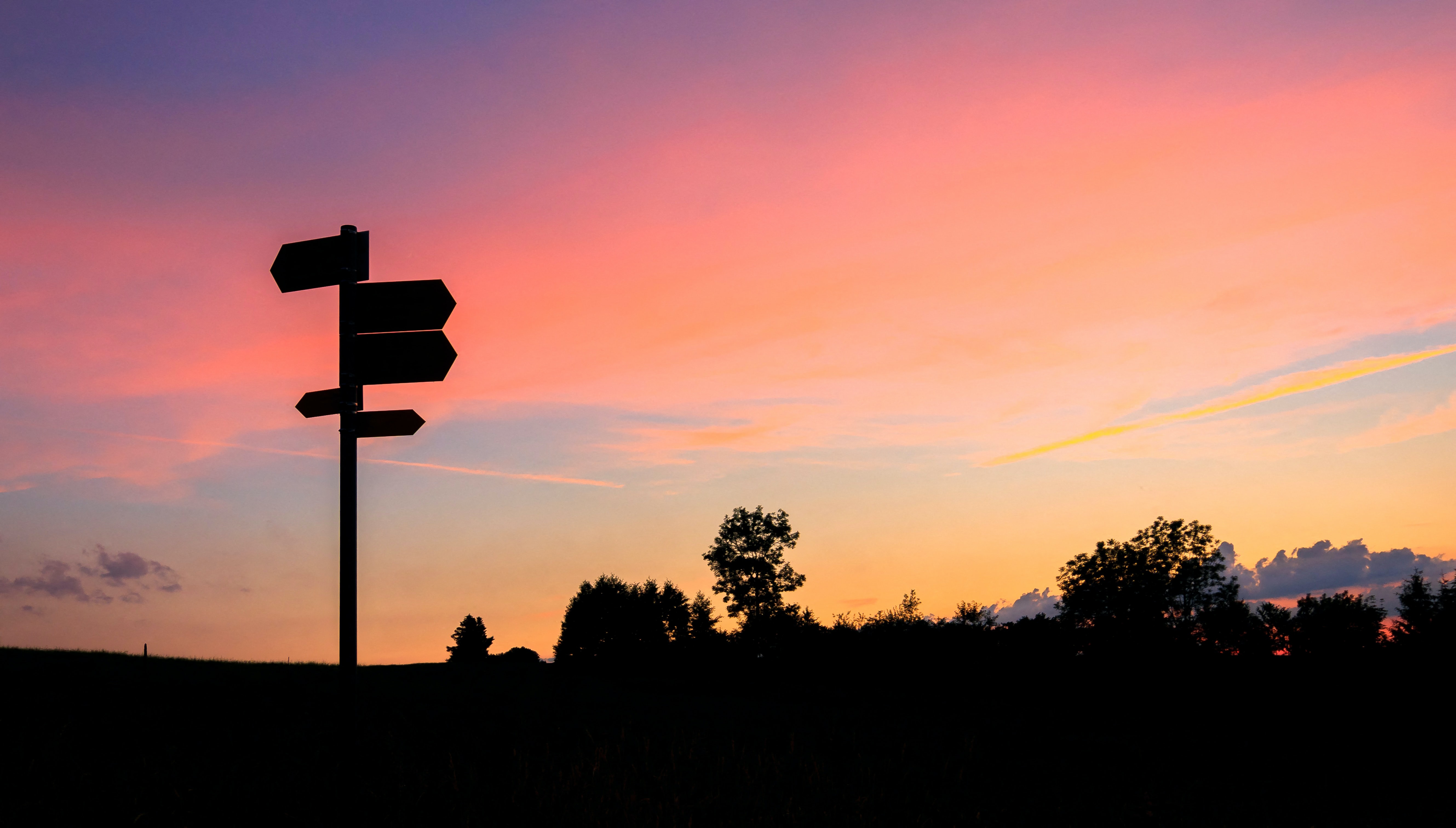 a silhouette of a signpost against a pink sky
