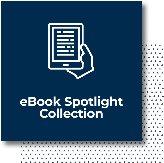 eBook Spotlight Collection written in white on a dark blue background, with a hand holding a tablet icon in white