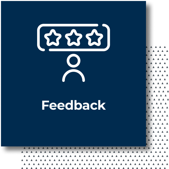 Feedback written in white on a dark blue background, with a white icon of a person giving a star rating