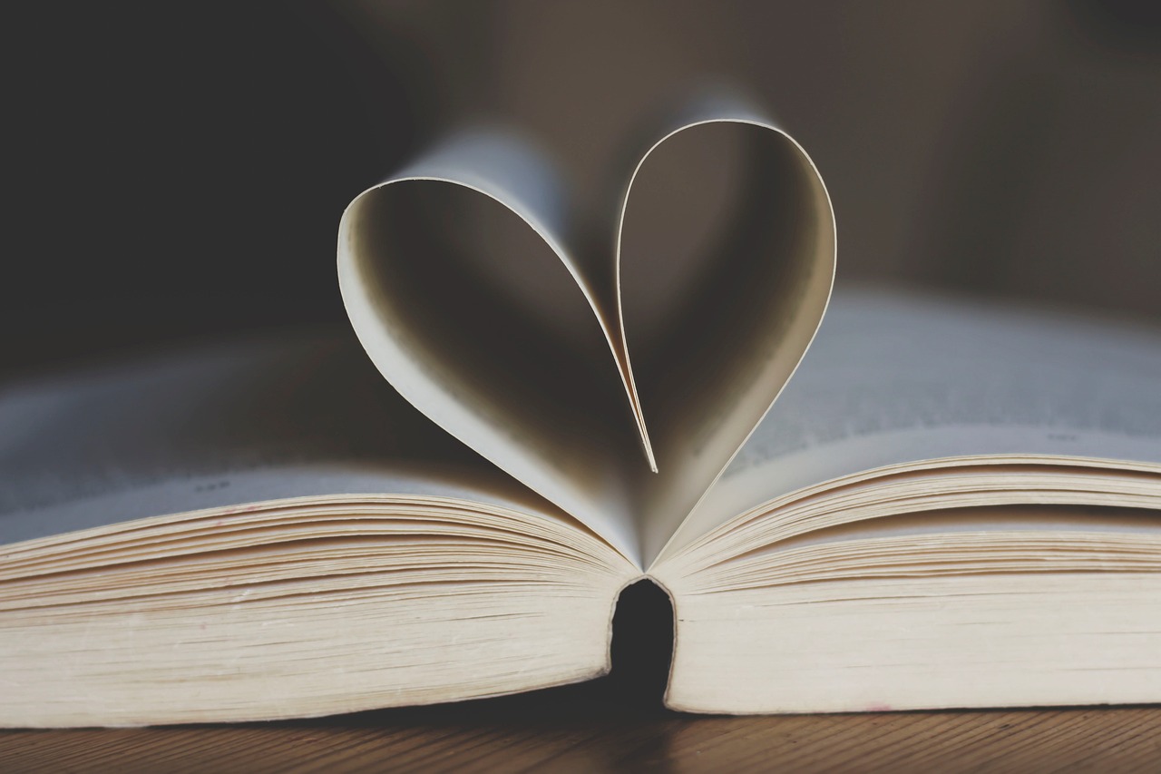 An open book with the central open pages folded inwards to make a love heart. 