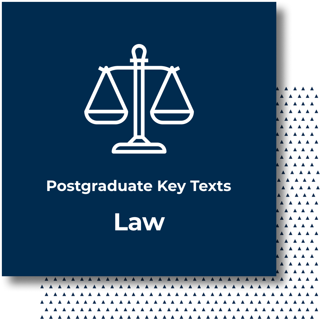 Dark blue square with a white outline of a set of scales, with the words "Postgraduate Key Texts Law" underneath in white.