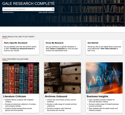 A screenshot of the Gale Research Complete search bar, with the database image links beneath for Literature Criticism, Archives Unbound and Business Insights.