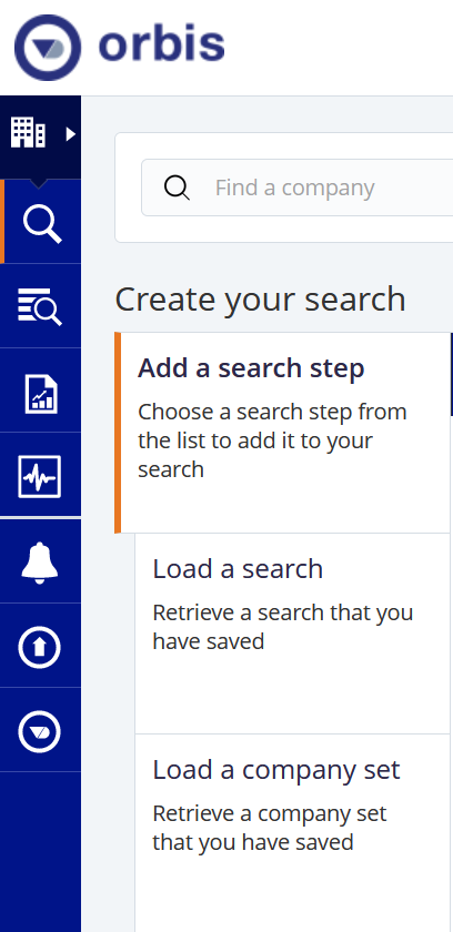 The left-hand menu on Orbis with options including company search, report, tools and alerts