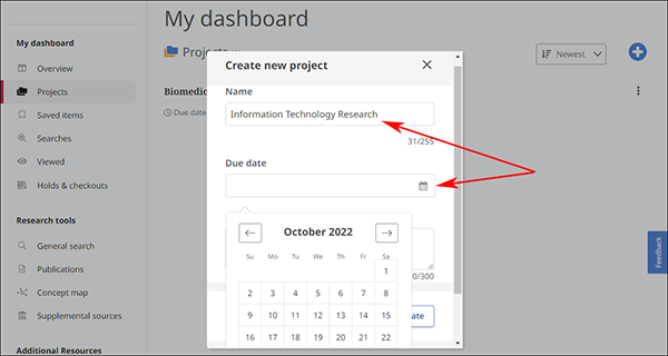 The 'create new project screen' where you can enter the project title and a due date