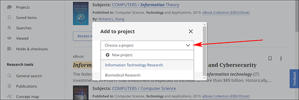 The Add to project options where you can add the resource to an existing project or create a new one