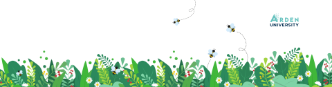 Colourful banner image of grass, flowers, and foliage with bees flying around. The Arden University logo is against a white background.