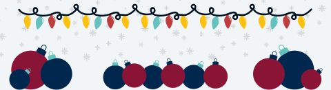 A banner with dark red and blue baubles underneath multi-coloured festive lights with snowflakes in the background