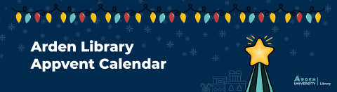Text reads 'Arden Library Appvent Calendar' against a dark blue background. There are multi-coloured festive lights at the top, a graphic Christmas tree topped with a bright gold star on the right, and presents and snowflakes in the background.