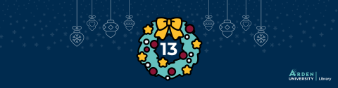 A festive wreath with a number thirteen in the centre on a dark blue background with snowflakes and hanging baubles