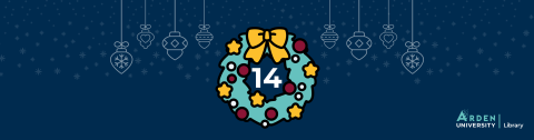 A festive wreath with a number fourteen in the centre on a dark blue background with snowflakes and hanging baubles