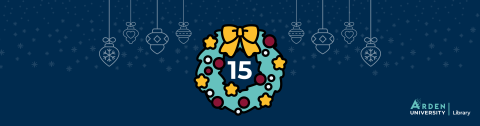 A festive wreath with a number fifteen in the centre on a dark blue background with snowflakes and hanging baubles