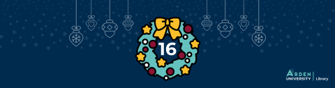 A festive wreath with a number sixteen in the centre on a dark blue background with snowflakes and hanging baubles