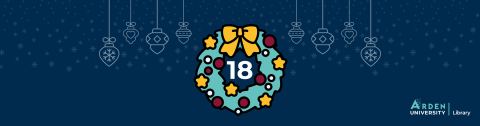 A festive wreath with a number eighteen in the centre on a dark blue background with snowflakes and hanging baubles