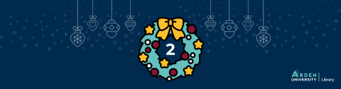 A festive wreath with a number two in the centre on a dark blue background with snowflakes and hanging baubles 