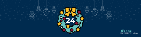 A festive wreath with a number twenty four in the centre on a dark blue background with snowflakes and hanging baubles