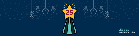 A simplified graphic Christmas tree topped by a yellow star with the number twenty five in the centre on a dark blue background with snowflakes and hanging baubles 