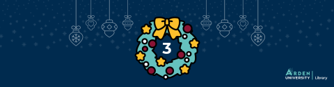 A festive wreath with a number three in the centre on a dark blue background with snowflakes and hanging baubles 