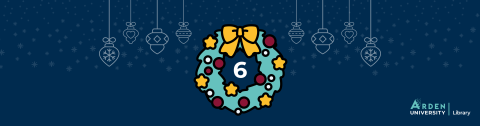 A festive wreath with a number six in the centre on a dark blue background with snowflakes and hanging baubles