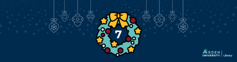 A festive wreath with a number seven in the centre on a dark blue background with snowflakes and hanging baubles