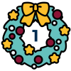 A green festive wreath decorated with a yellow bow and stars and red baubles with a blue number one in the centre
