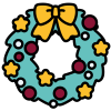 A green festive wreath decorated with a yellow bow and stars and red baubles with a white number one in the centre