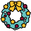 A green festive wreath decorated with a yellow bow and stars and red baubles with a white number two in the centre